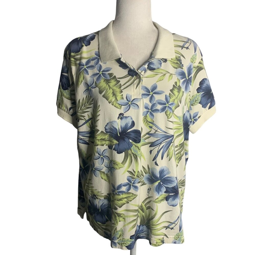 Vintage Y2K Hawaiian Polo Shirt XL White Floral Short Sleeve Button Sugar Cookie
